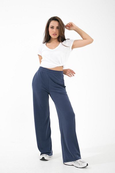 Comm-Ci Navy Blue Pocketed Comfortable Cut - Wide Leg Knitted Trousers