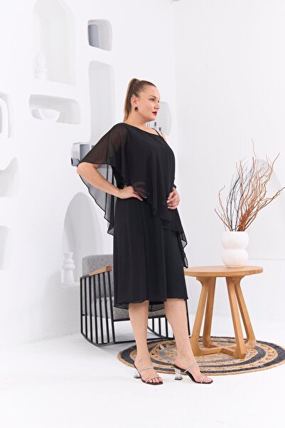 RMG Plus Size Black Chiffon Dress - Shoulder Stone Printed