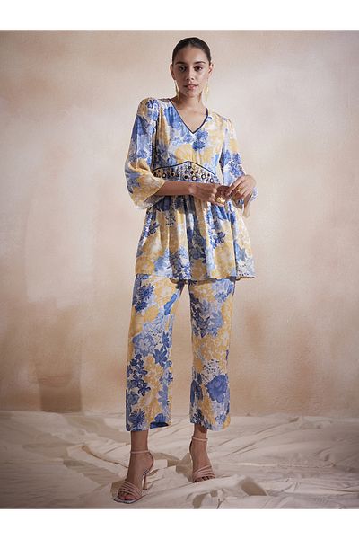 Femmella By Styli Floral Printed Embroidered Longline Top & Pants Co-Ords