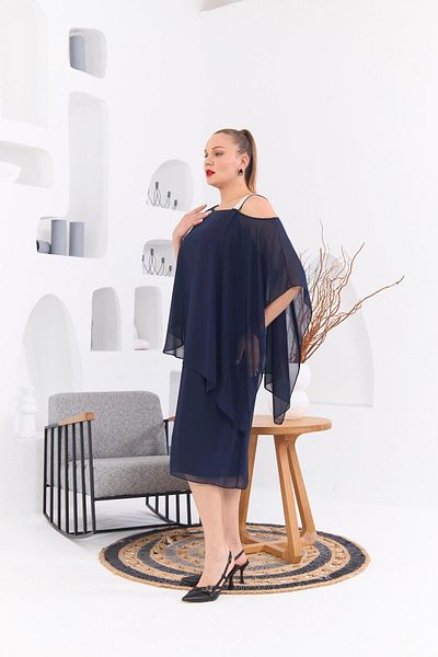 RMG Navy Blue Plus Size Chiffon Dress - Shoulder Stone Printed