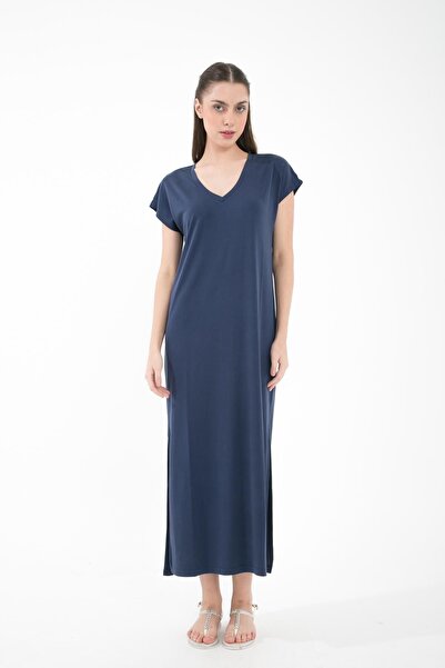 Comm-Ci فستان طويل محبوك باللون الأزرق الداكن وفتحة رقبة على شكل حرف V - كم قصير