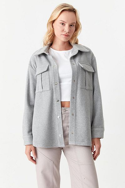 Select Moda Women's Gray Pocket Detailed Snap Fastener Stamp Jacket