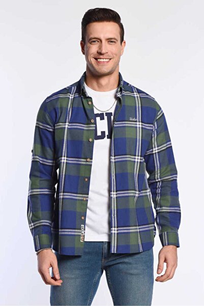 UCLA Мъжка риза Lark Bay в тъмносин цвят с бродерия и каре