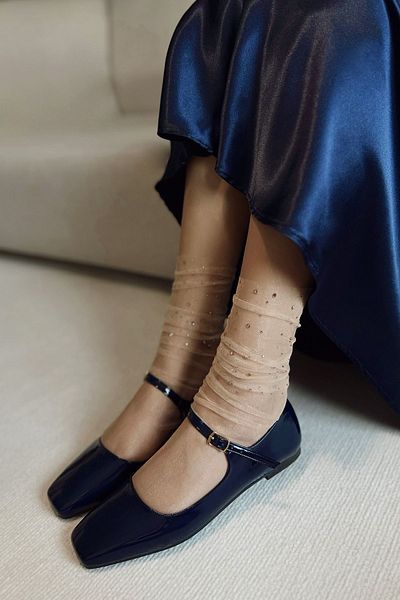 POLKA STORE Petite Navy Blue Patent Leather Closed Back Single Strap Square Toe Helmet Women's Ballerina Shoes Mary Jane