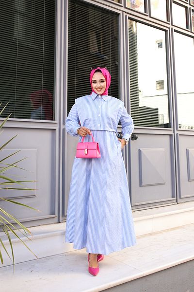 Tesettür Diyarı Baby Blue ριγέ βαμβακερό φόρεμα Hijab - Λεπτομέρεια Cepken