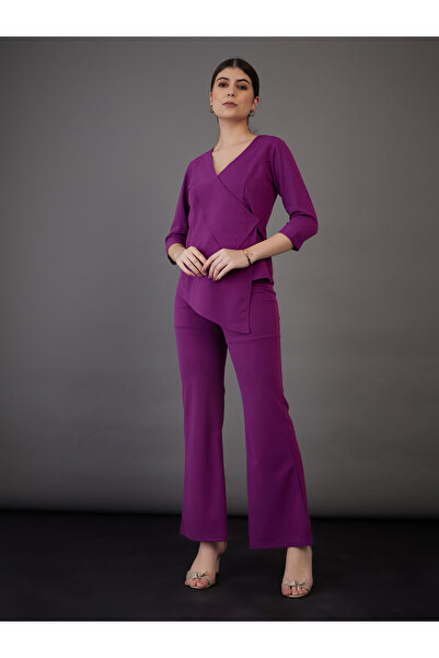 Sassafras By Styli Asymmetrical Hem Wrap Top & Flared Pants Co-Ord