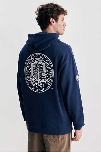 UCLA Hanorac oversize pentru bărbați, brodat cu glugă, albastru bleumarin ROSS