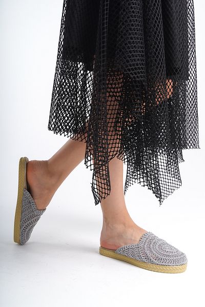 Moda Değirmeni Γκρι δαντέλα γυναικείες πλεκτές παντόφλες - BG1027-122-0001