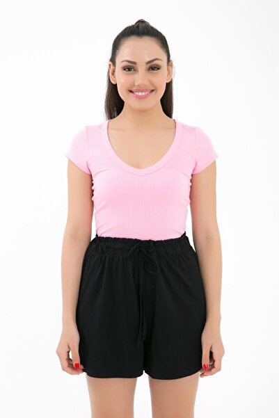 Comm-Ci Abel Pembe V Yaka Kısa Kollu Fitilli Örme Body