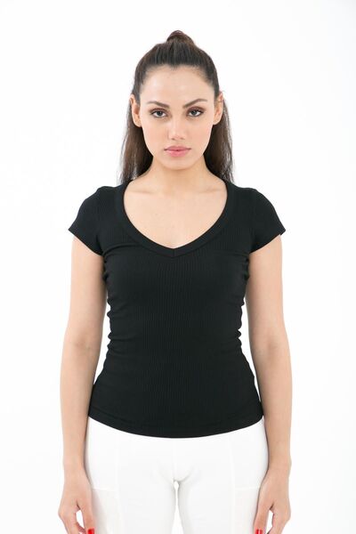 Comm-Ci Abel Siyah V Yaka Kısa Kollu Fitilli Örme Body