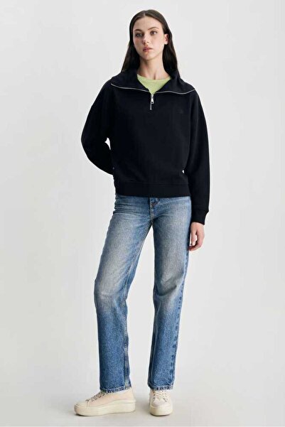 UCLA INEZ Siyah Fermuarlı Nakışlı Loose Fit Kadın Sweatshirt
