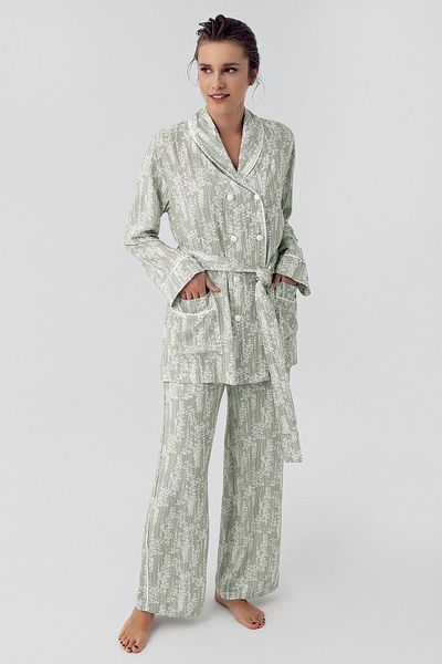 Artış Long Sleeve Patterned Viscous Kimono Pajama Set - Buttoned