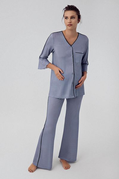 Artış Buttoned Long Sleeve Short Stretchy Viscous Maternity Pajamas Set