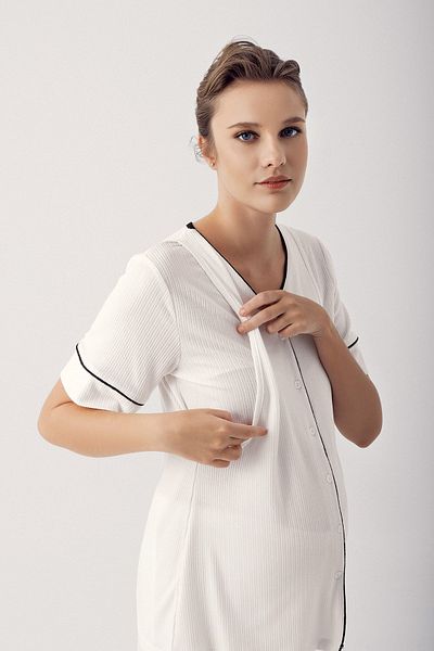 Artış Flexible Viscous Short Sleeve Maternity Pajamas Set - Buttoned 14209