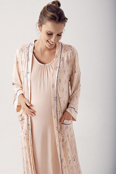 Artış Viscous Patterned Maternity Dressing Gown and Nightgown Set - Lycra