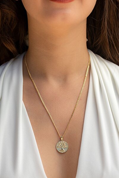 Cenova Jewelry 14 Ayar Altın Küba Zincirli Hayat Ağacı Kadın Kolye