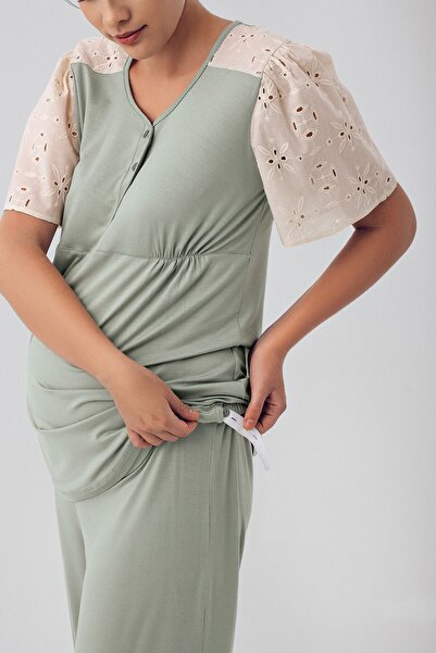 Artış Flexible Viscous Maternity Pajamas Set - Short Sleeve, Lace and Button