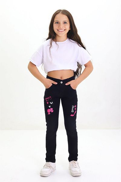 GZT TEKSTİL Girl's Lycra Cotton Jeans Trousers Embroidered 6-12 Years