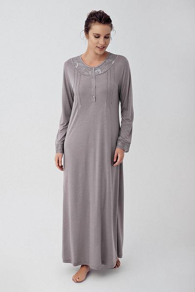 Artış Stretchy Viscous Long Sleeve Nightgown - Button and Lace