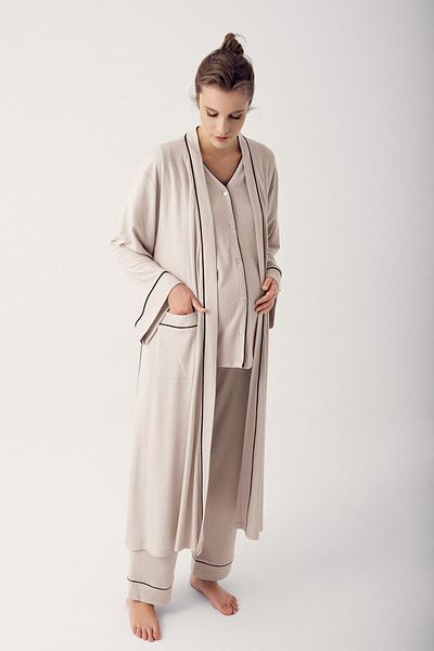 Artış Flexible Viscous Maternity Pajamas and Dressing Gown Set - Short Sleeve, Buttoned 14306