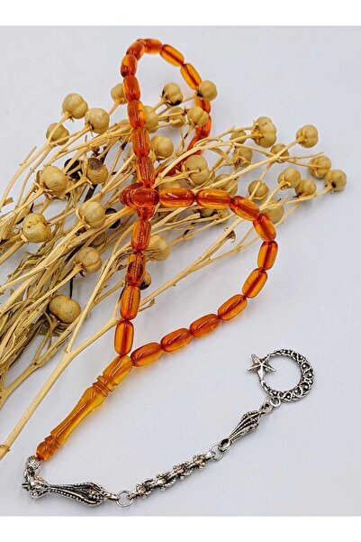 İbrahim Altıntaş ŞEFFAF TURUNCU KAPSÜL KESİM AY YILDIZ ALPAKA PÜSKÜL KEHRİBAR...