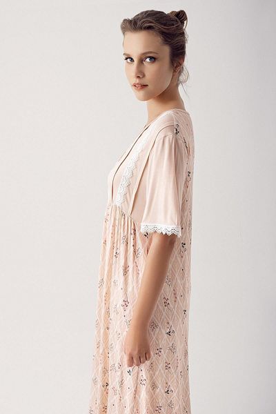 Artış Lycra Viscous Nightgown - Short Sleeve, Buttoned Pattern 14126