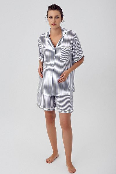 Artış Viscous Short Sleeve Striped Maternity Pajamas Set - Buttoned and Shorts