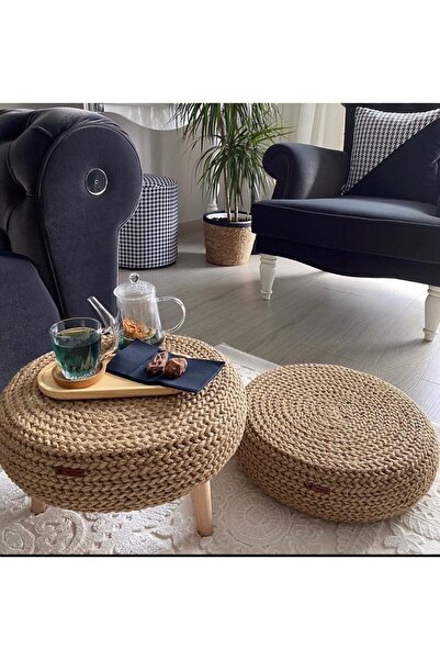 Hayal Home 42x12 Dekortif Örgü Detaylı Puf Sehpa Kombini