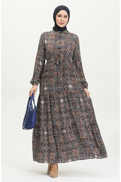 sefamerve Mustard Petrol Colored Viscose Patterned Dress - 0394-01