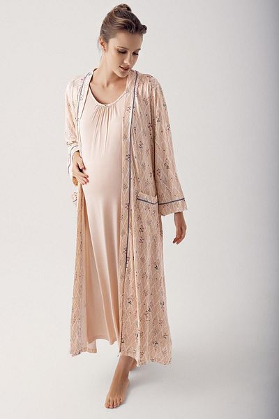 Artış Viscous Patterned Maternity Dressing Gown and Nightgown Set - Lycra