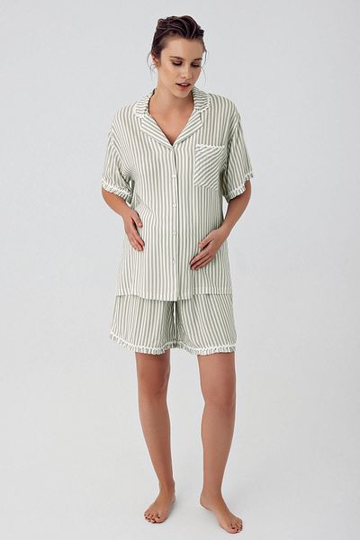 Artış Stretchy Viscous Short Sleeve Striped Maternity Pajamas Set - Buttoned and Shorts