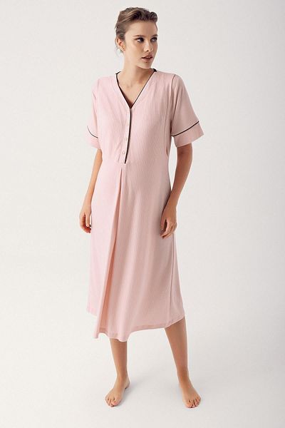 Artış Flexible Viscous Maternity Nightgown - Short Sleeve, Buttoned 14128