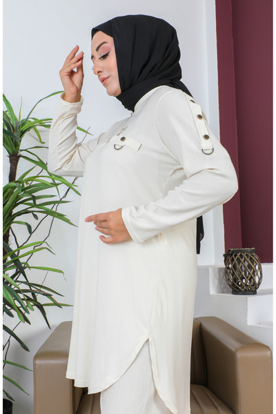 sefamerve Cream Colored Plus Size Tunic and Trousers Set - 2691-04