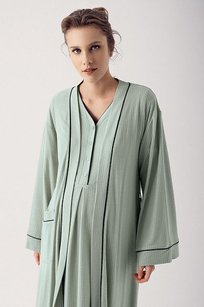 Artış Flexible Viscous Maternity Nightgown and Dressing Gown Set - Short Sleeve, Buttoned 14406