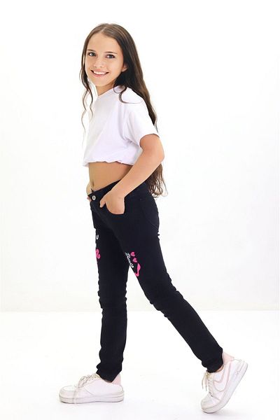 GZT TEKSTİL Girl's Lycra Cotton Jeans Trousers Embroidered 6-12 Years