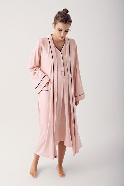 Artış Flexible Viscous Maternity Nightgown and Dressing Gown Set - Short Sleeve, Buttoned 14406