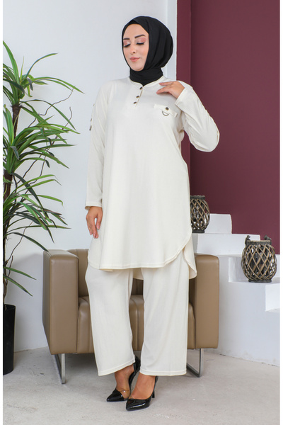 sefamerve Cream Colored Plus Size Tunic and Trousers Set - 2691-04