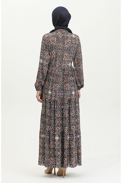 sefamerve Mustard Petrol Colored Viscose Patterned Dress - 0394-01