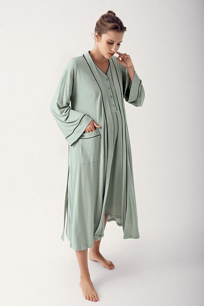 Artış Flexible Viscous Maternity Nightgown and Dressing Gown Set - Short Sleeve, Buttoned 14406