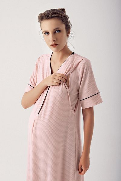 Artış Flexible Viscous Maternity Nightgown - Short Sleeve, Buttoned 14128