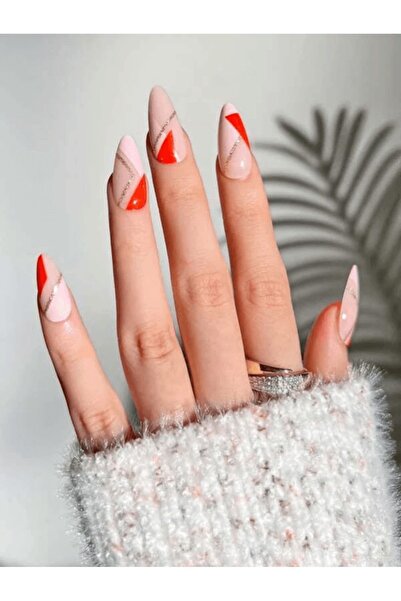 TipsArt Pembe Kırmızı Simli Badem 24’lü Takma Tırnak Seti Ve Zararsız Yapıştırıcı