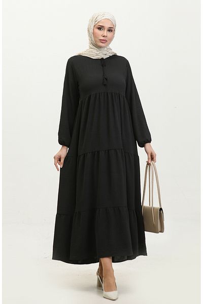 sefamerve Black Aerobin Fabric Gathered Dress - 1702-01