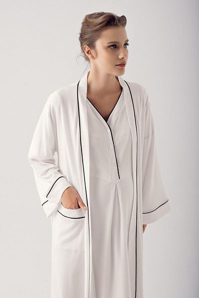 Artış Flexible Viscous Maternity Nightgown and Dressing Gown Set - Short Sleeve, Buttoned 14406
