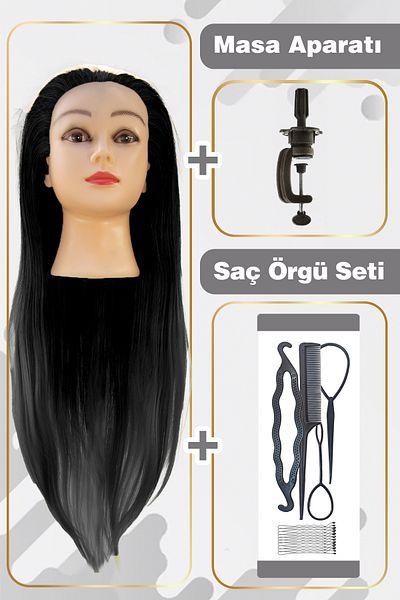 İnter 65cm Fiber Synthetic Black Hairdresser Training Mannequin Working Head