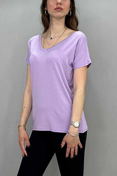 Tam Moda Λιλά Γυναικείο T-shirt - Μπροστινός και Πίσω Γιακάς, Μανίκι Νυχτερίδας