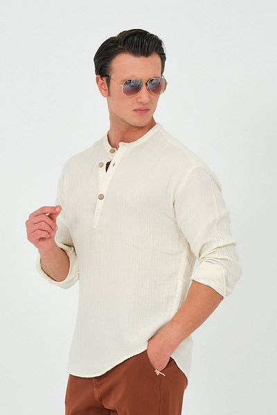 RELAXL Extra Loose Cut - Crew Neck 100% Cotton Cream Μουσελίνα Καλοκαιρινό πουκάμισο, Μακρυμάνικο