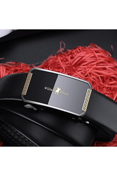 William Polo حزام إيطالي أنيق من الجلد الأسود بإبزيم ذهبي