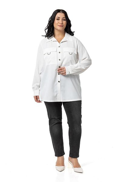 DISENTIS MODEST Large Size White Shirt - D Buckle Detail, Pocket and Cuff