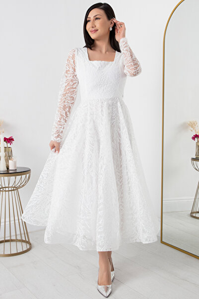 PULLIMM Kare Yaka Uzun Kol Simli Tül Abiye Elbise 1299