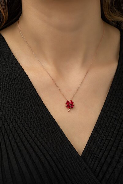 Nereze 925 Ayar Kırmızı Taşlı Yonca Kolye Kadın Gümüş Kolye